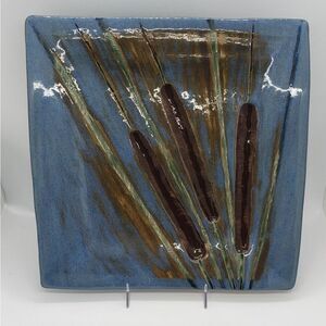 Linda Leigh Signed Ceramic Blue Brown Cattail Design Decorative Plate